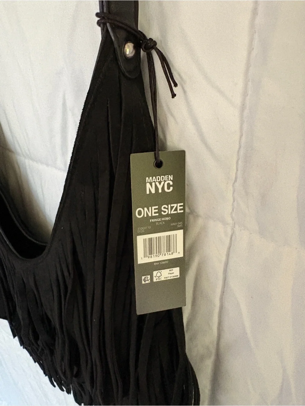 Black Fringe Shoulder Hobo Bag with Charm Accent